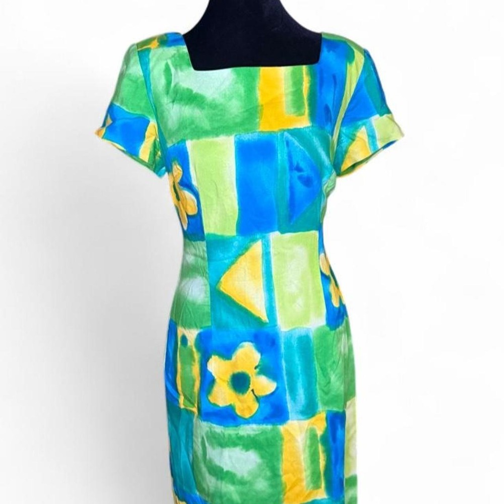 Jessica Howard Vintage Floral Midi Dress Green Blue Yellow Square Neck Petite